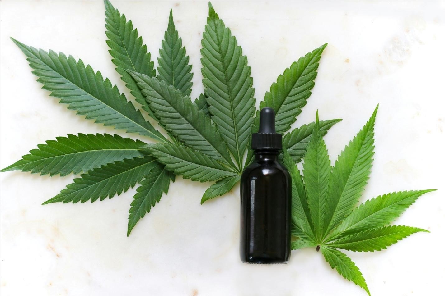 A dark glass bottle of Hemp Shop oil with cannabis leaves