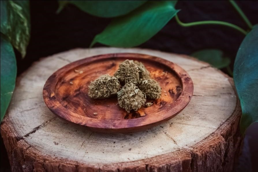 Hemp flowers lying in a wooden dish